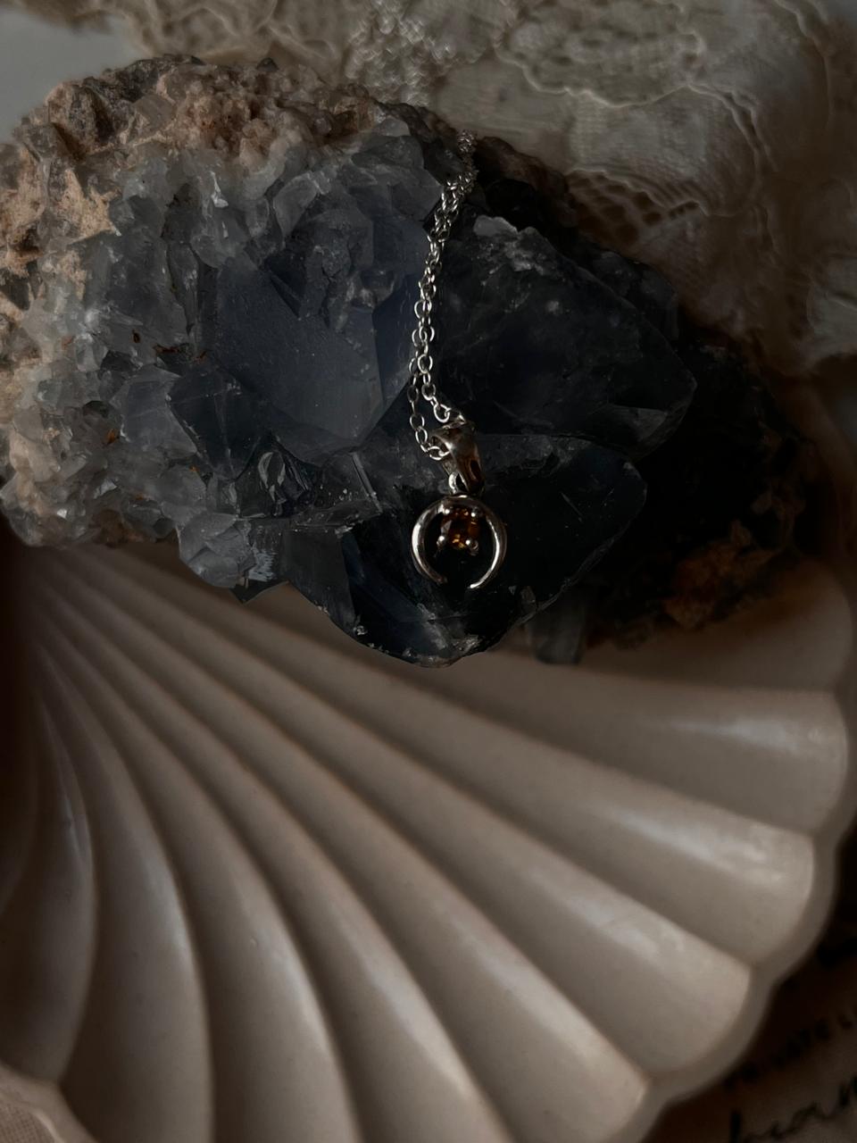 Silver Crescent Moon Necklace with Small Citrine Gemstone