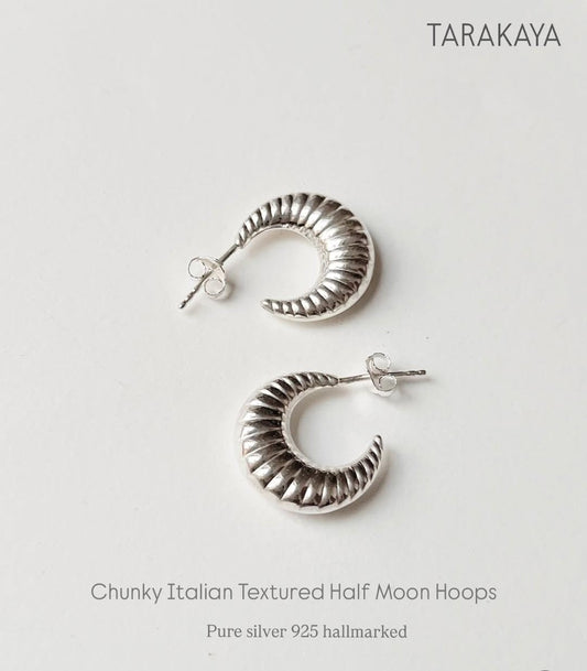 Chunky Italian Textured Half Moon Hoops in 925 Silver