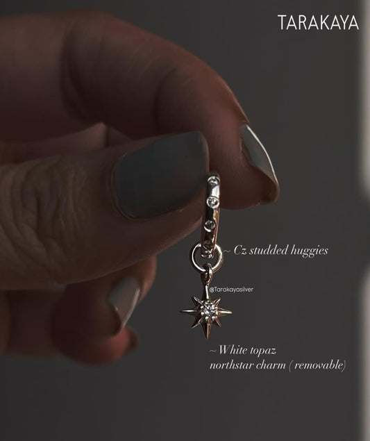 925 Silver CZ Huggie Earrings with White Topaz North Star Charm