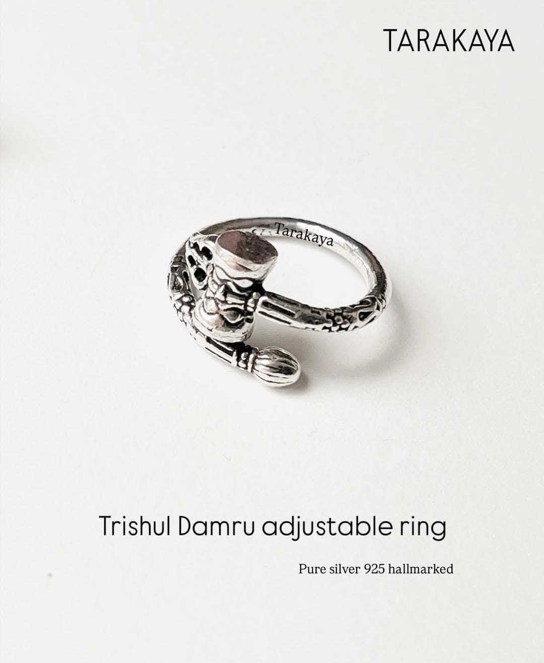 Damru Trishul Adjustable Ring in 925 Silver