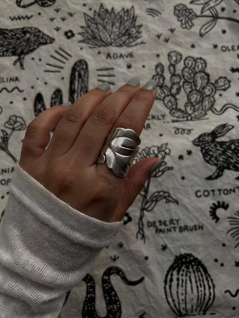 Artisan-made maple leaf ring in bohemian silver style  