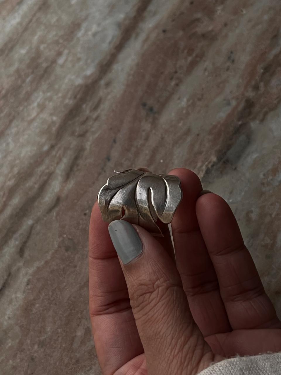 Adjustable bohemian silver ring with maple leaf motif  