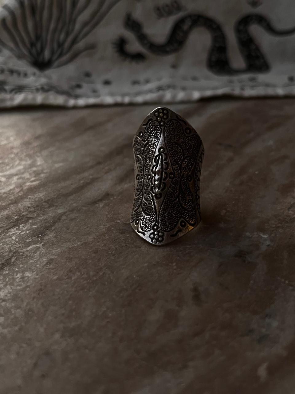 Adjustable boho-inspired silver full finger statement ring