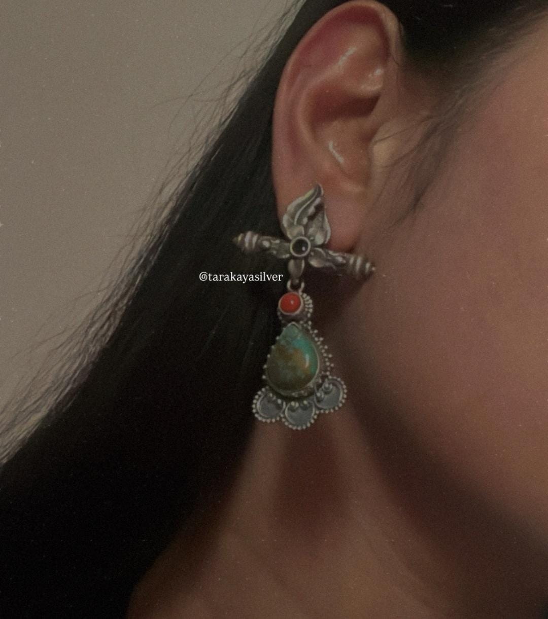 Turquoise and Coral Antique Design Earrings in 925 Silver