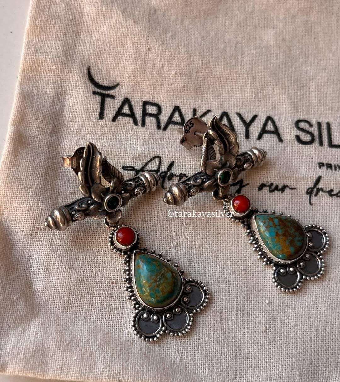 925 Silver Antique Earrings with Turquoise and Coral Stones