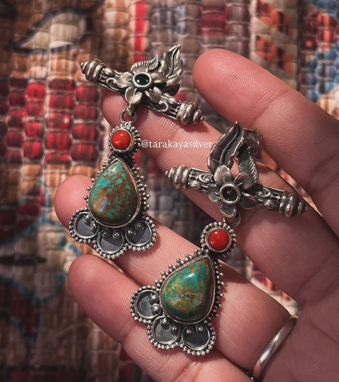 Vintage Turquoise and Coral Statement Silver Earrings
