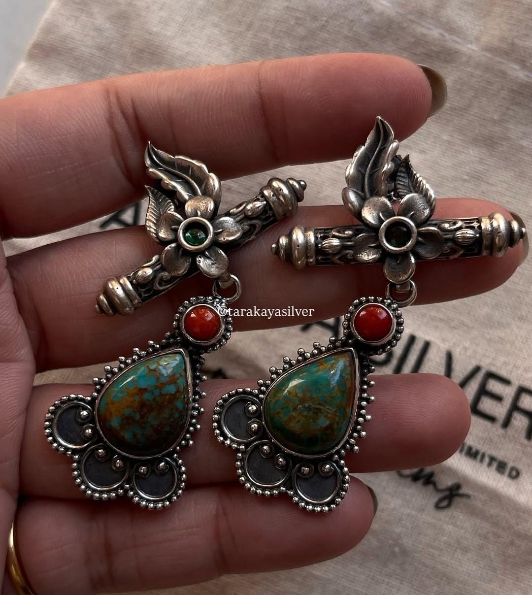 Statement Turquoise and Coral Earrings in 925 Silver