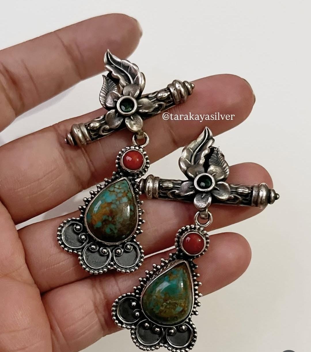 Vintage Turquoise and Coral Statement Silver Earrings