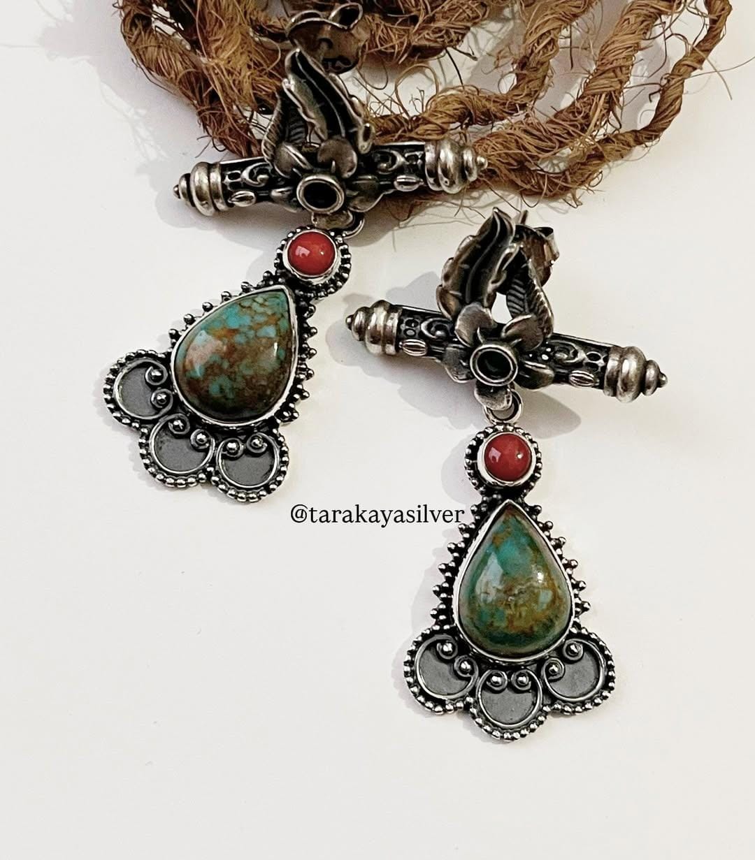 925 Silver Antique Turquoise and Coral Earrings for Women