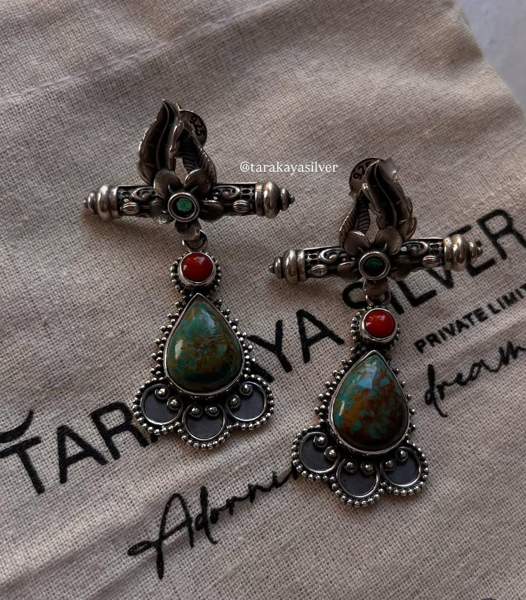 Turquoise and Coral Antique Design Earrings in 925 Silver