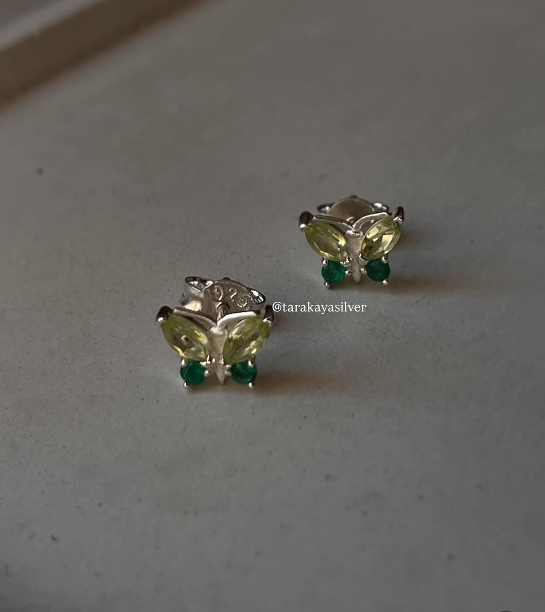Butterfly Shaped Silver Studs with Peridot and Green Onyx Stones