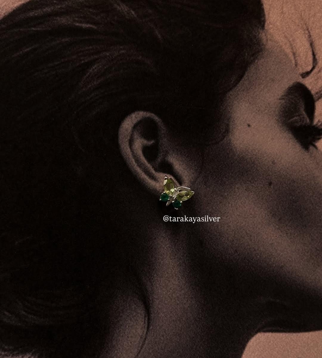 925 Silver Butterfly Stud Earrings with Peridot and Green Onyx