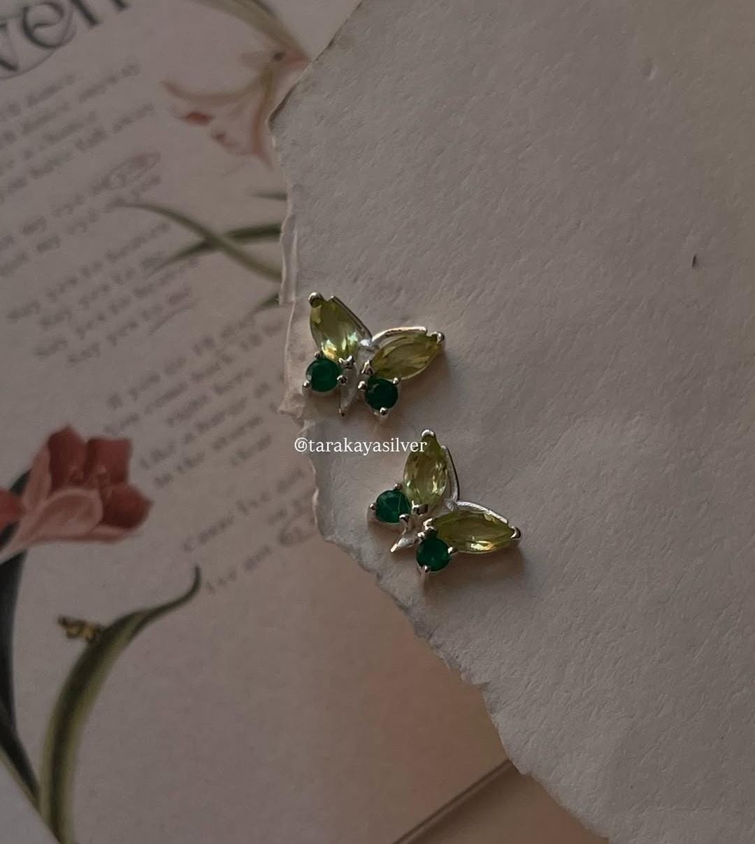Sterling Silver Butterfly Studs with Peridot and Green Onyx