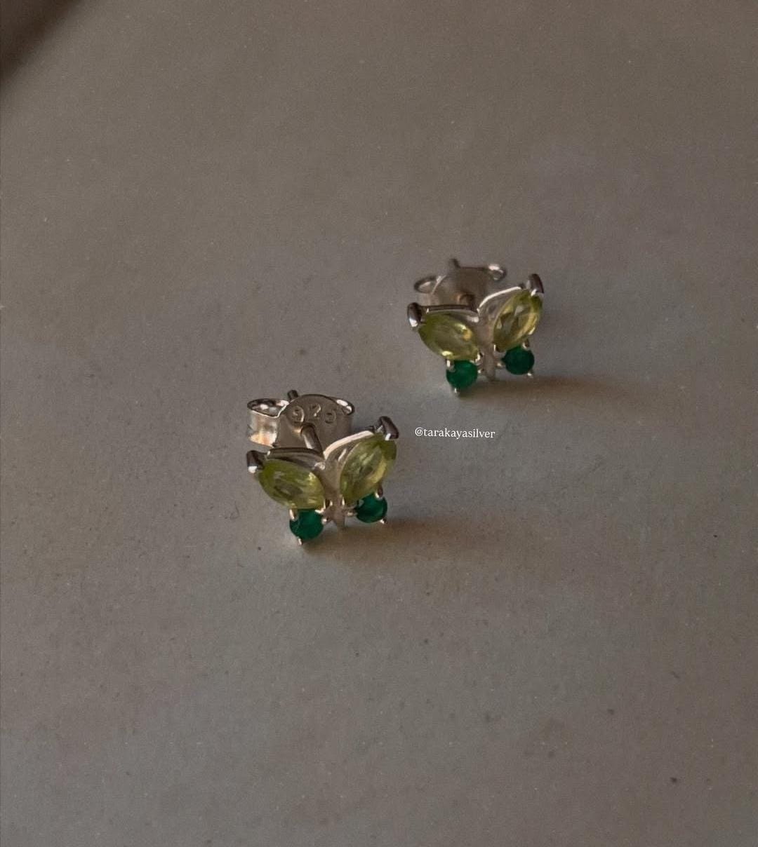 Peridot and Green Onyx Butterfly Design Silver Stud Earrings