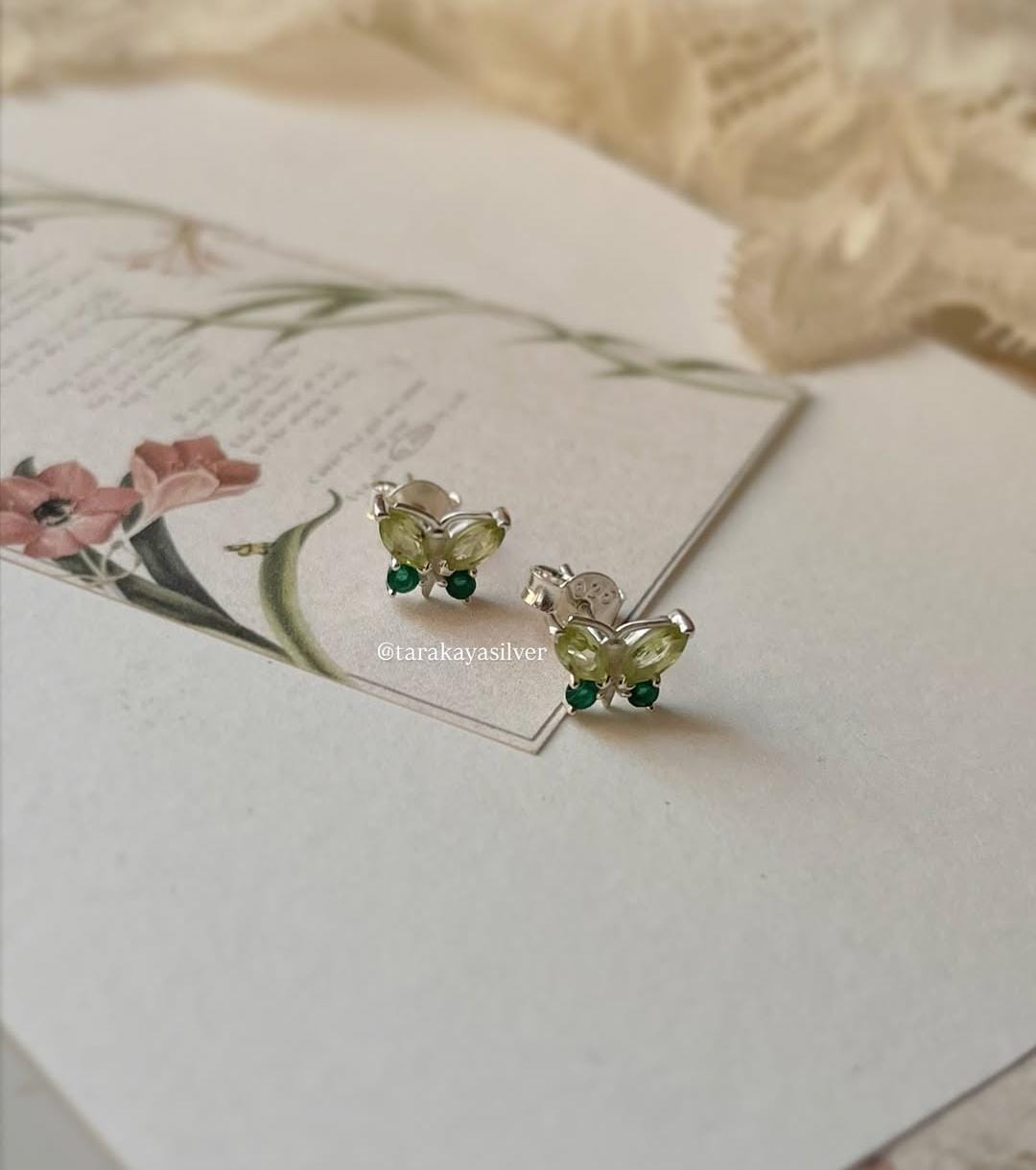 Butterfly Silver Stud Earrings with Peridot and Green Onyx Stones