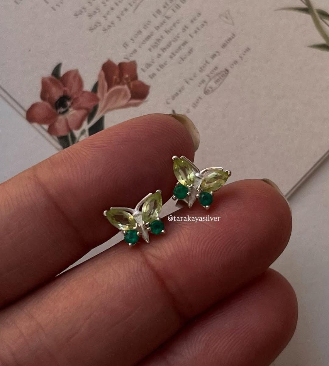 925 Silver Butterfly Studs with Green Onyx and Peridot Gemstones