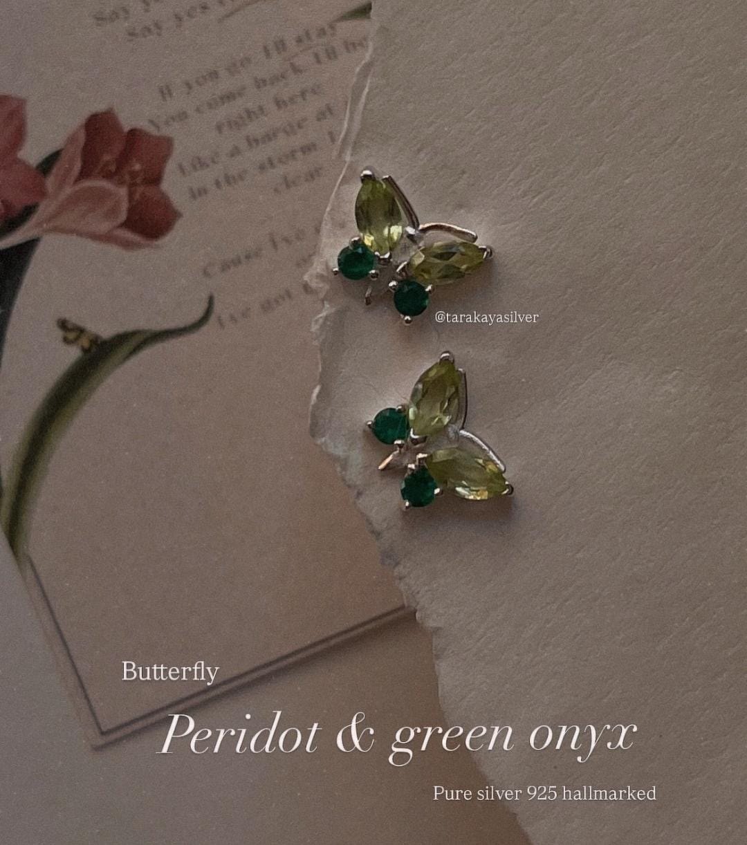 Peridot and Green Onyx Butterfly Studs in 925 Sterling Silver