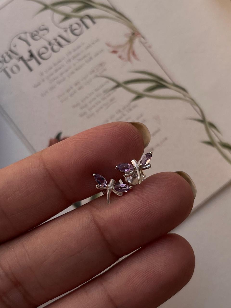 Small Dragonfly Amethyst Stud Earrings in 925 Silver