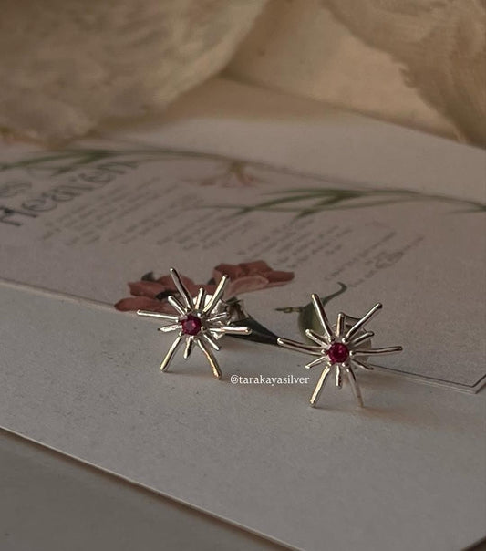 Lab Grown Ruby Star Design Silver Stud Earrings