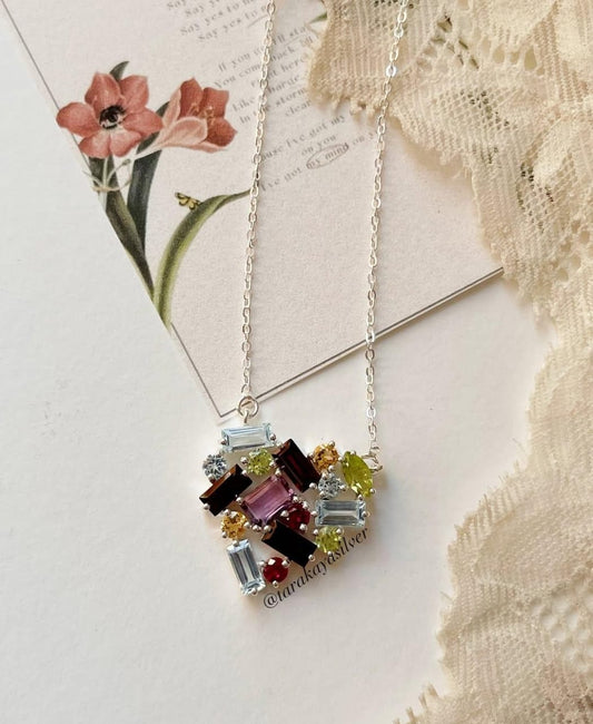 Mixed Gemstone Cluster Heart Necklace in 925 Silver