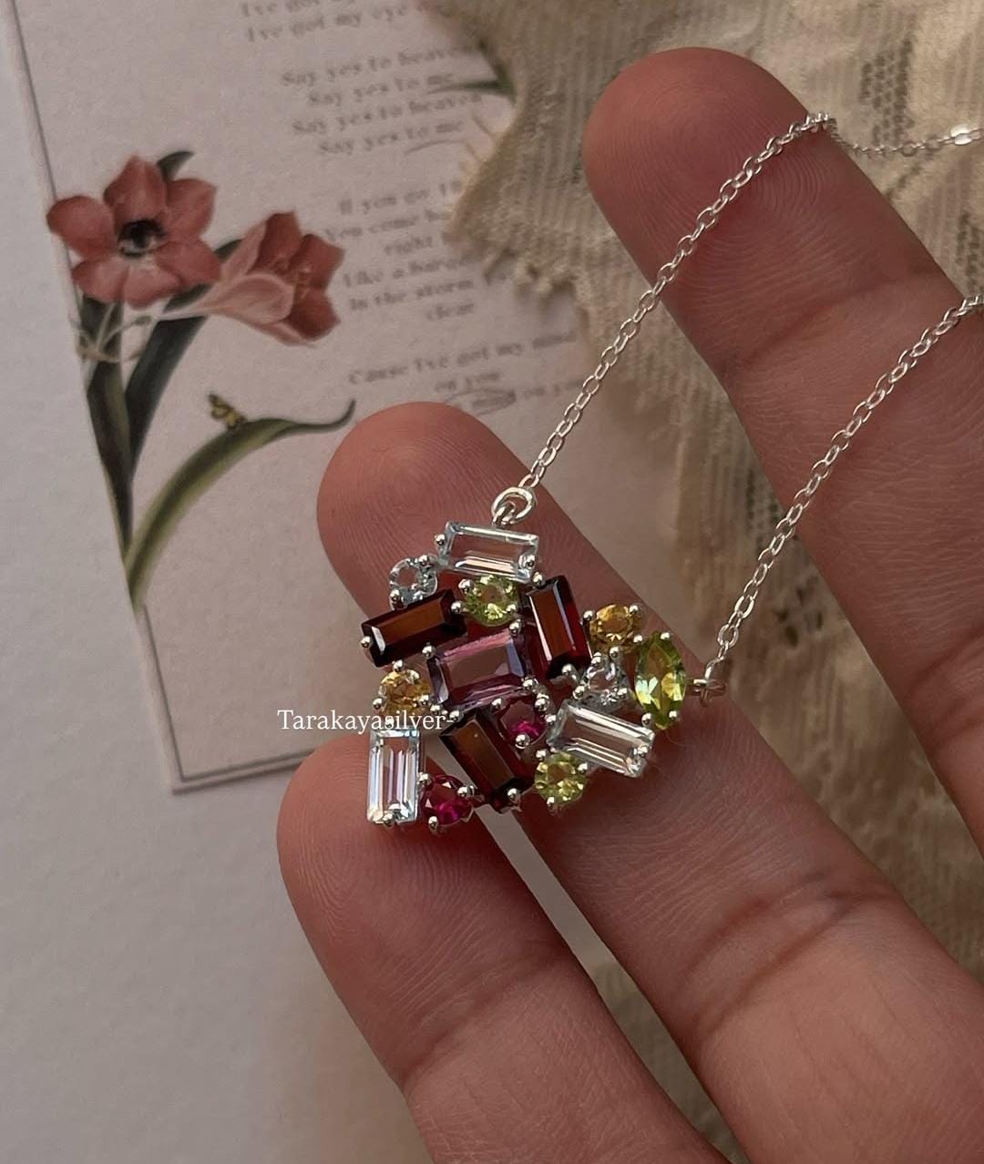 925 Silver Heart Necklace with Mixed Gemstone Cluster
