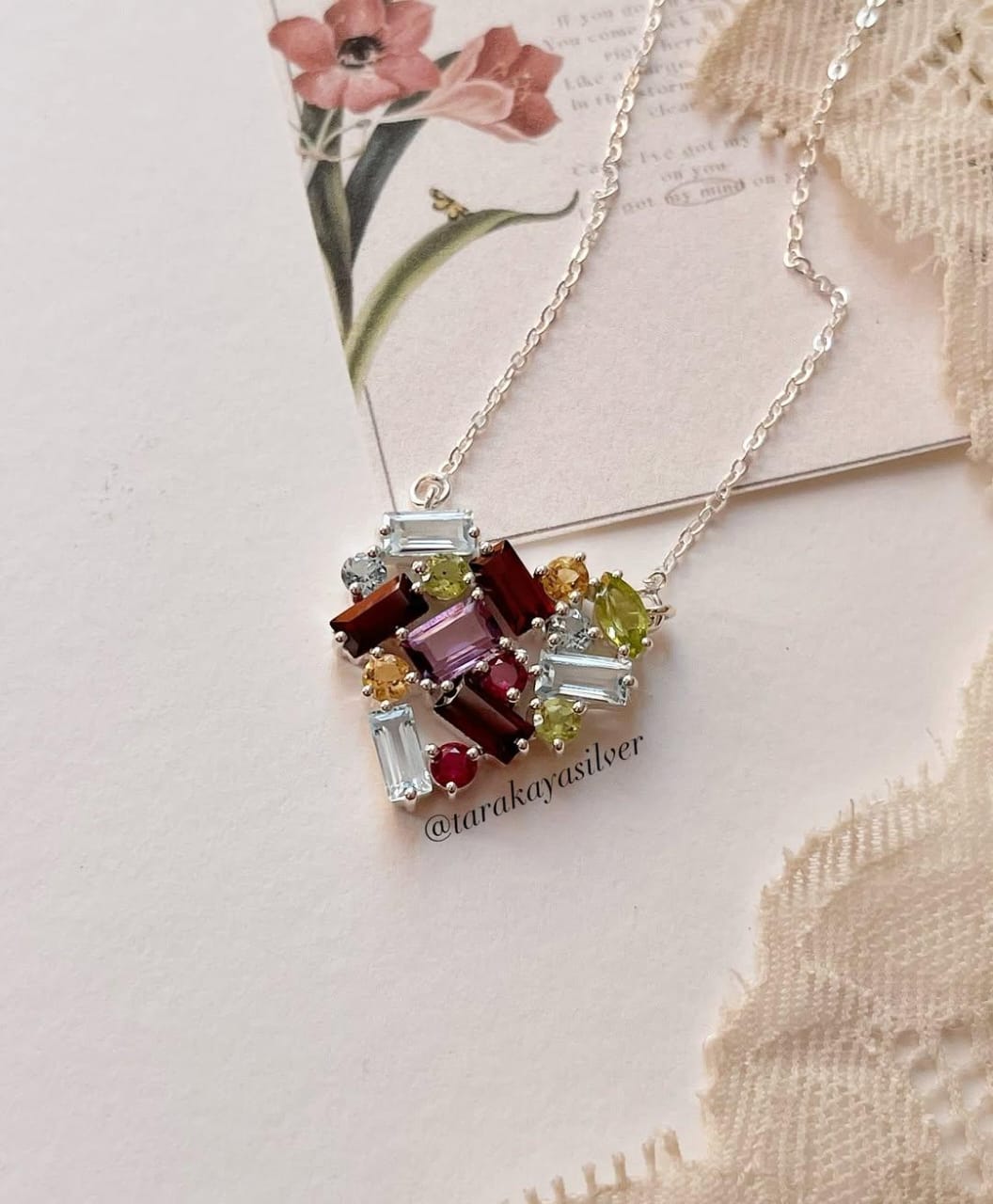 925 Silver Heart Necklace with Gemstone Cluster