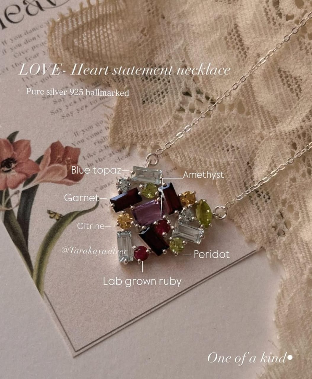 Heart Statement Mix Gemstone Cluster 925 Silver Necklace