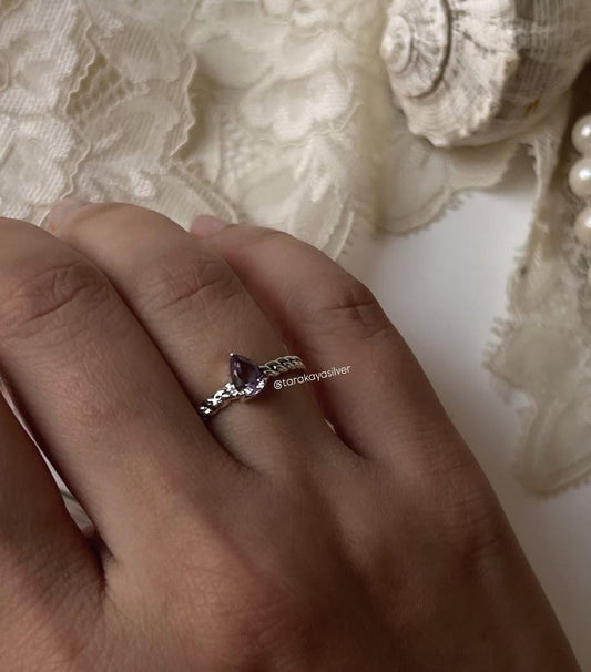 925 Silver Amethyst Pear Solitaire Ring with Bold Cuban Link Band