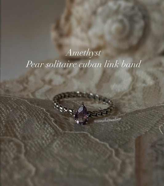 Amethyst Pear Solitaire Ring with Cuban Link Band in 925 Silver