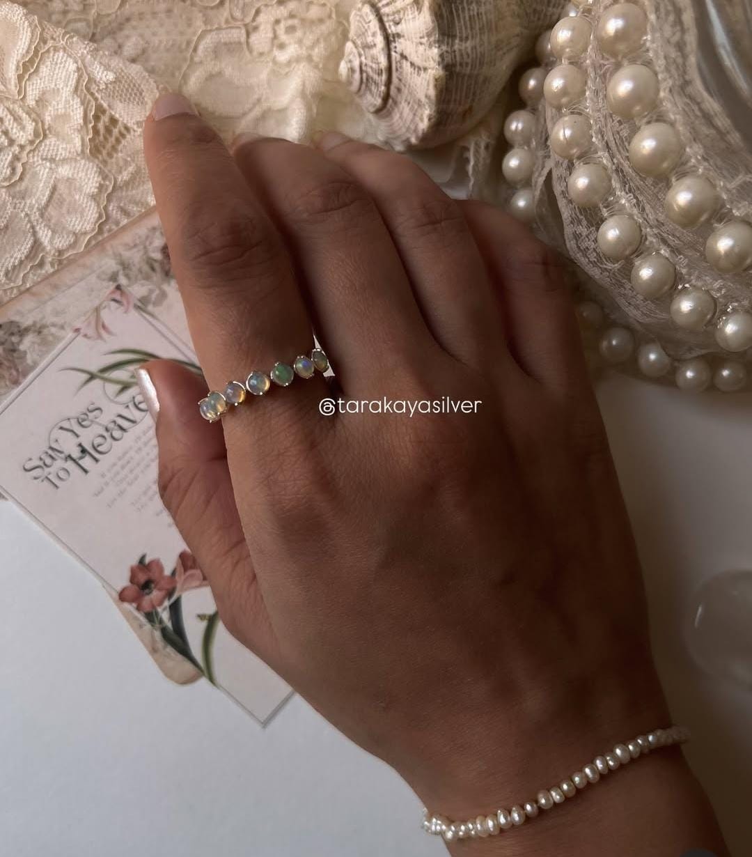 925 Silver Eternity Band Ring with Natural Ethiopian Opals
