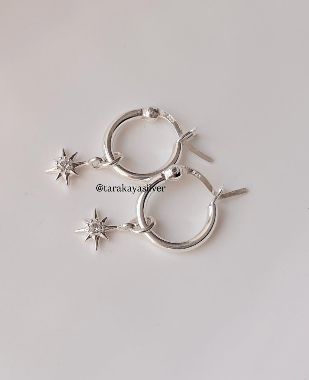 Simple Classic Hoops with North Star Charm and White Topaz Accent