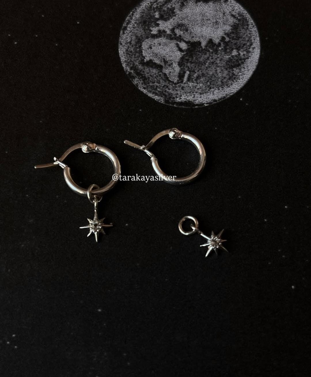 Sterling Silver Classic Hoop Earrings with White Topaz North Star Charm