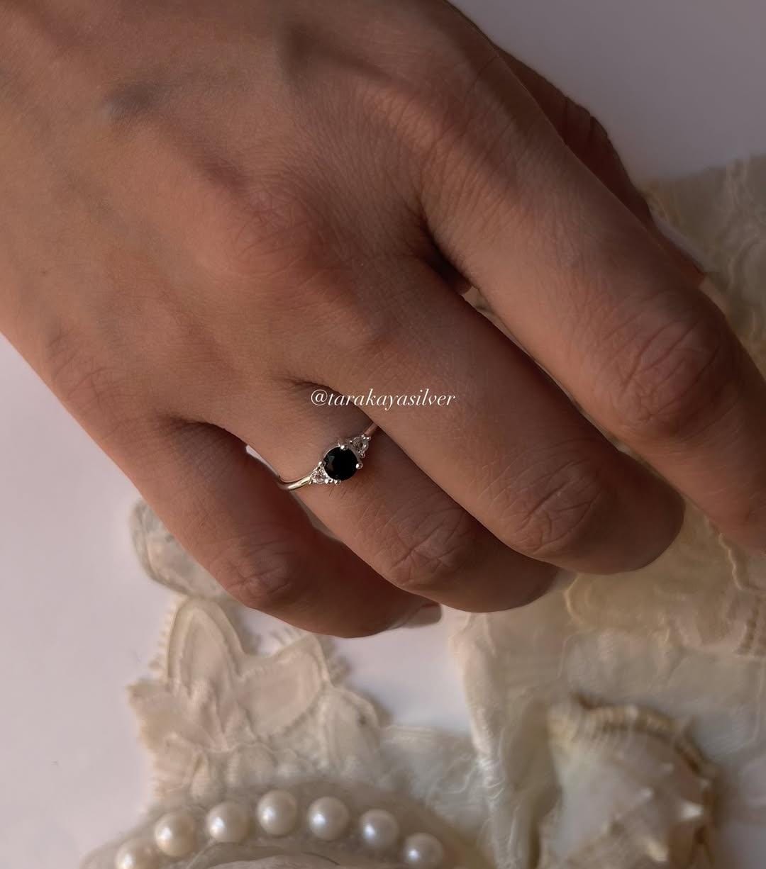 Antique-inspired black spinel and white topaz silver ring  
