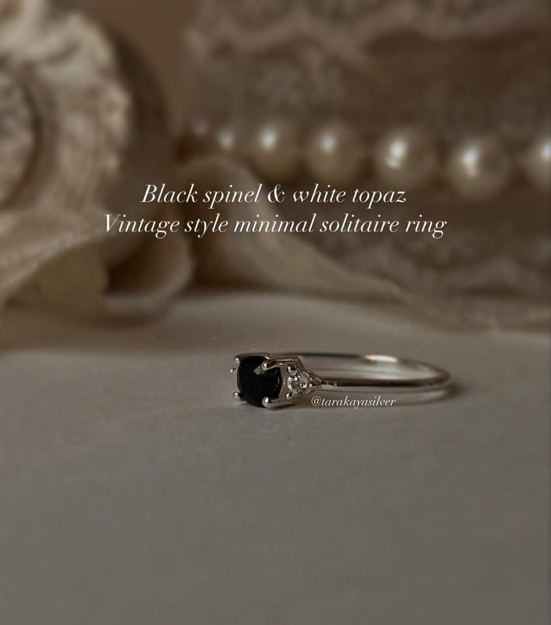 925 silver solitaire ring with black spinel and white topaz accents