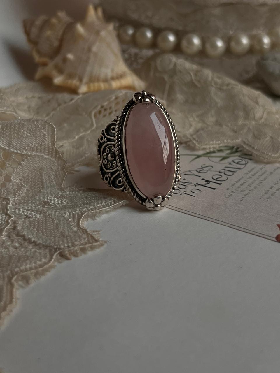 Rose Quartz Boho Oval Statement 925 Sterling Silver Ring