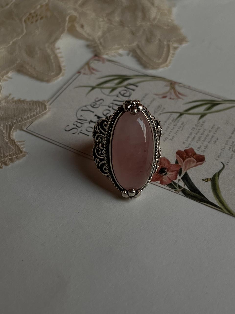 Rose Quartz Boho Oval Statement 925 Sterling Silver Ring