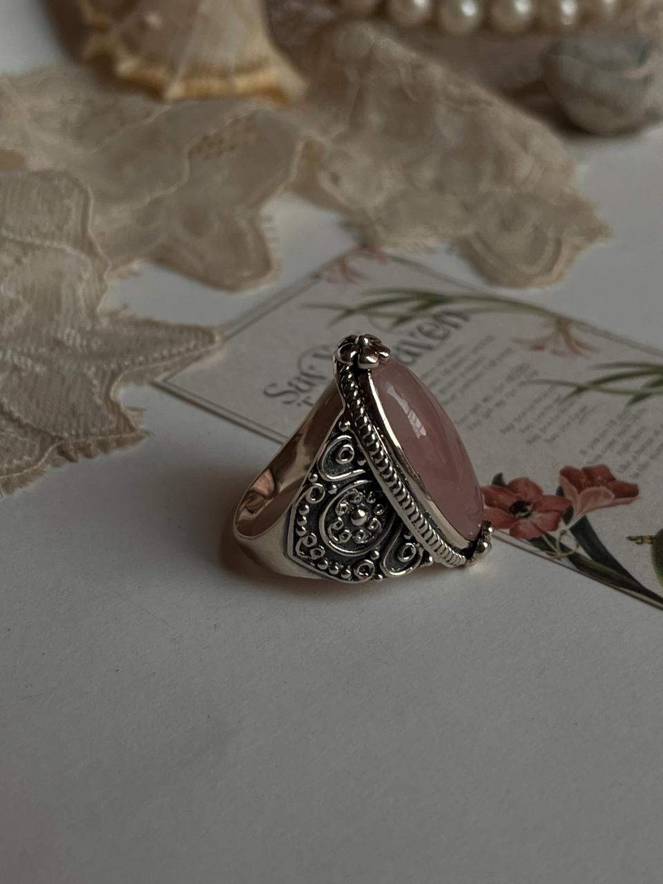 Rose Quartz Boho Oval Statement 925 Sterling Silver Ring