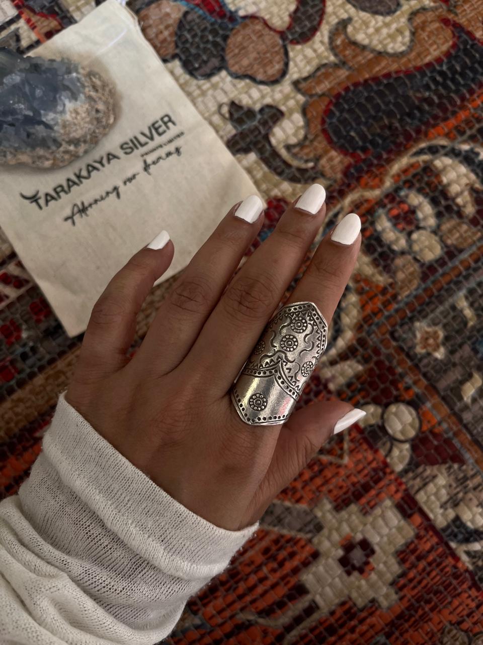 Bohemian full finger ring with adjustable fit in sterling silver  