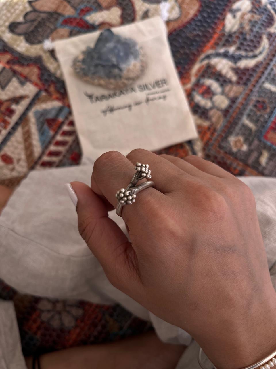 Bohemian flower bunch adjustable 925 silver ring  