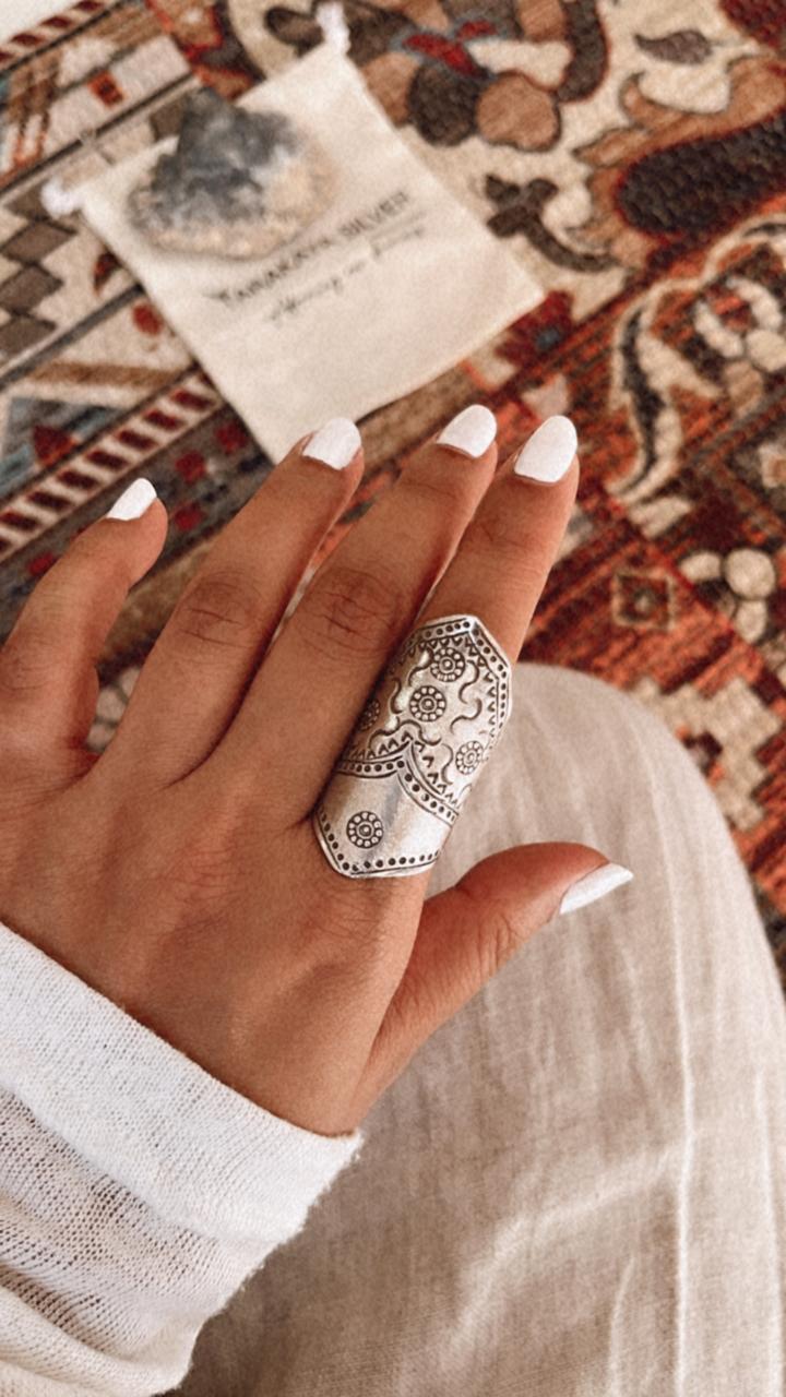 Handcrafted silver full finger ring with boho design  