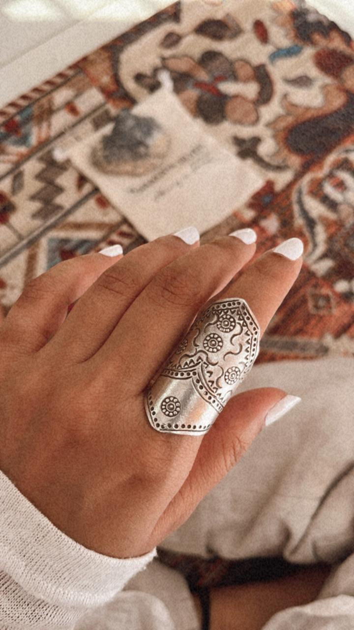 Boho-style full finger ring in handcrafted sterling silver  