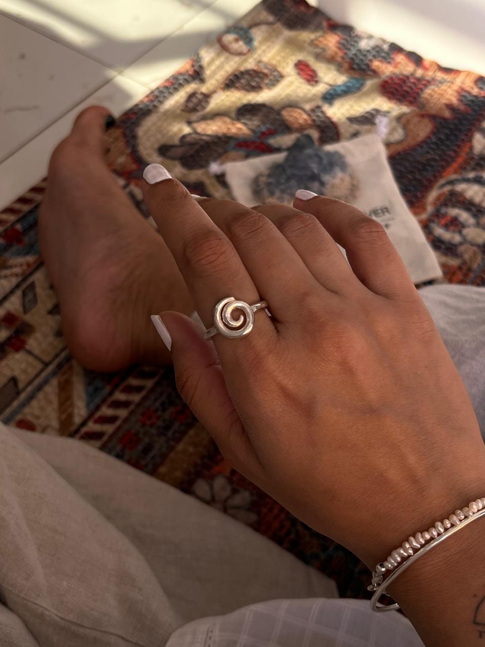 Imported silver spiral ring with adjustable sizing for boho style