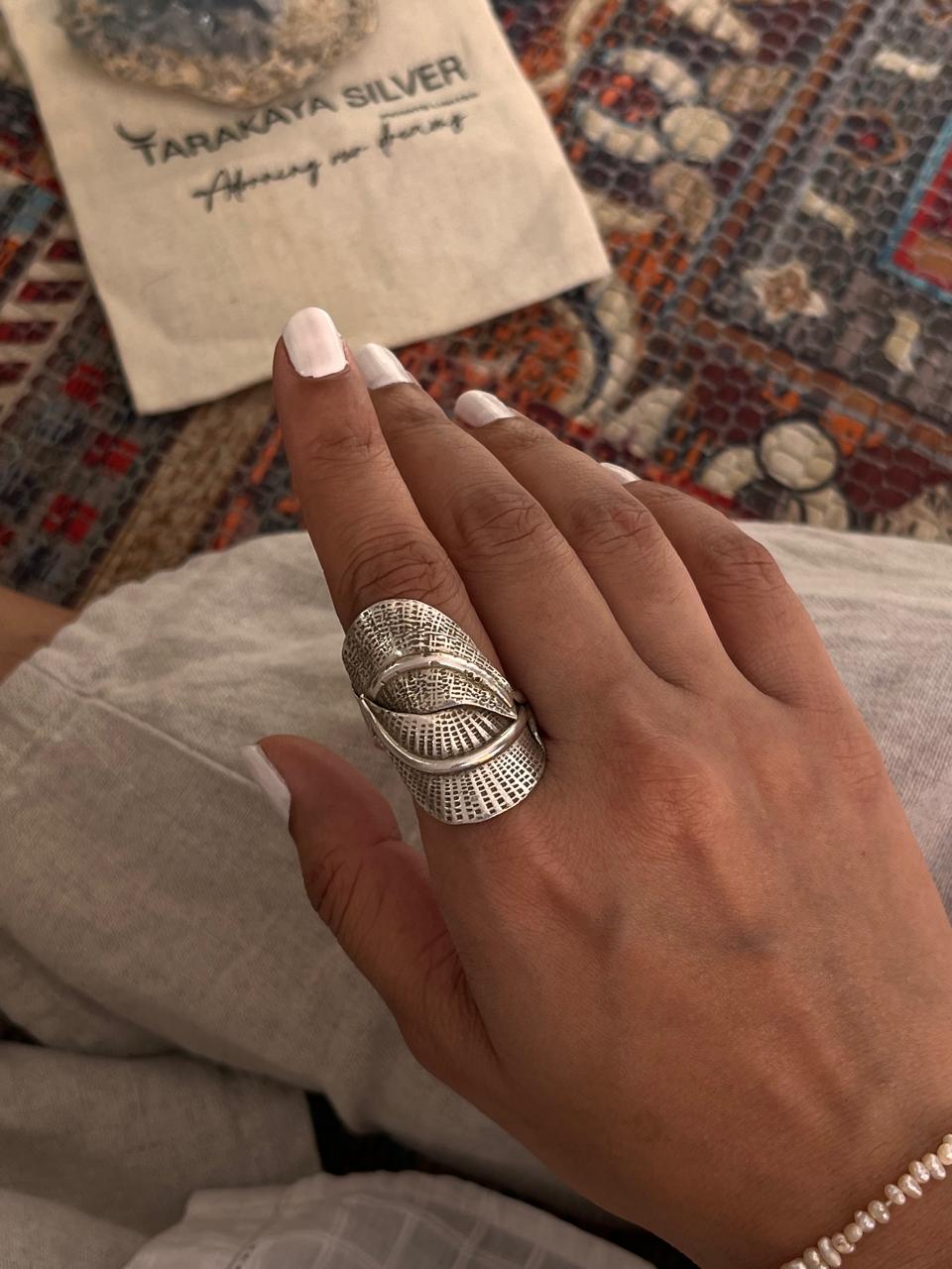 Artisan-made leaf wrap adjustable ring in 925 silver  