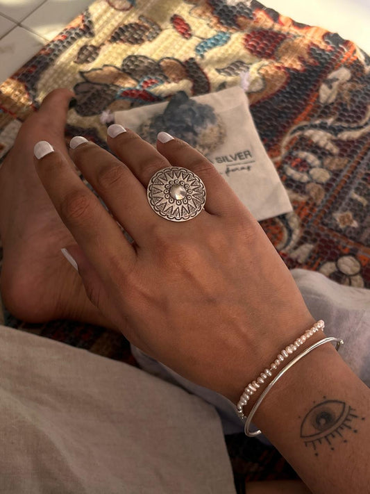 Sterling silver sun mandala ring with Turkish design for boho style