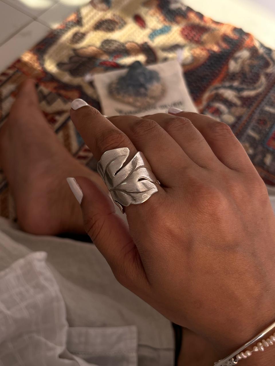 Bohemian maple leaf wrap adjustable 925 silver ring  