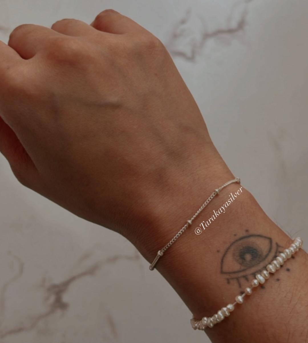 Silver bracelet stack with Basra pearls and cable dot texture for boho chic