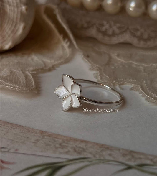 Handcrafted 925 Sterling silver ring with enamel plumeria flower