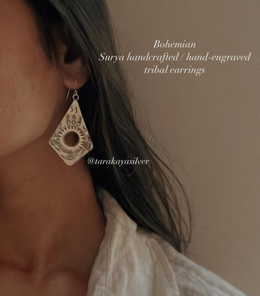 Bold 925 silver earrings with engraved Surya Kiran design  