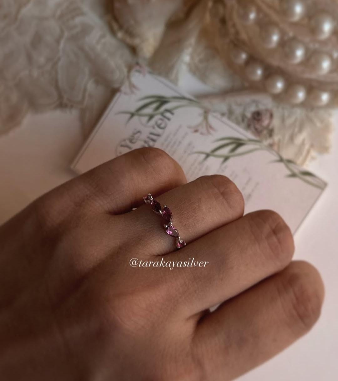 Minimal rhodolite garnet ring with leaf design in sterling silver  