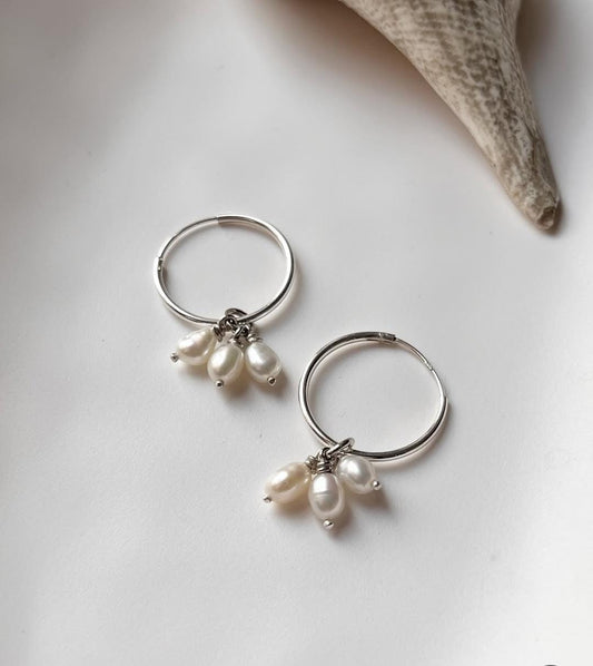 Fresh water Pearls Charm Hoops 925 Sterling Silver Earrings